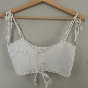 Aulieude White Tie Strap Linen Crop Top Bridal Bachelorette Summer Vacation 8